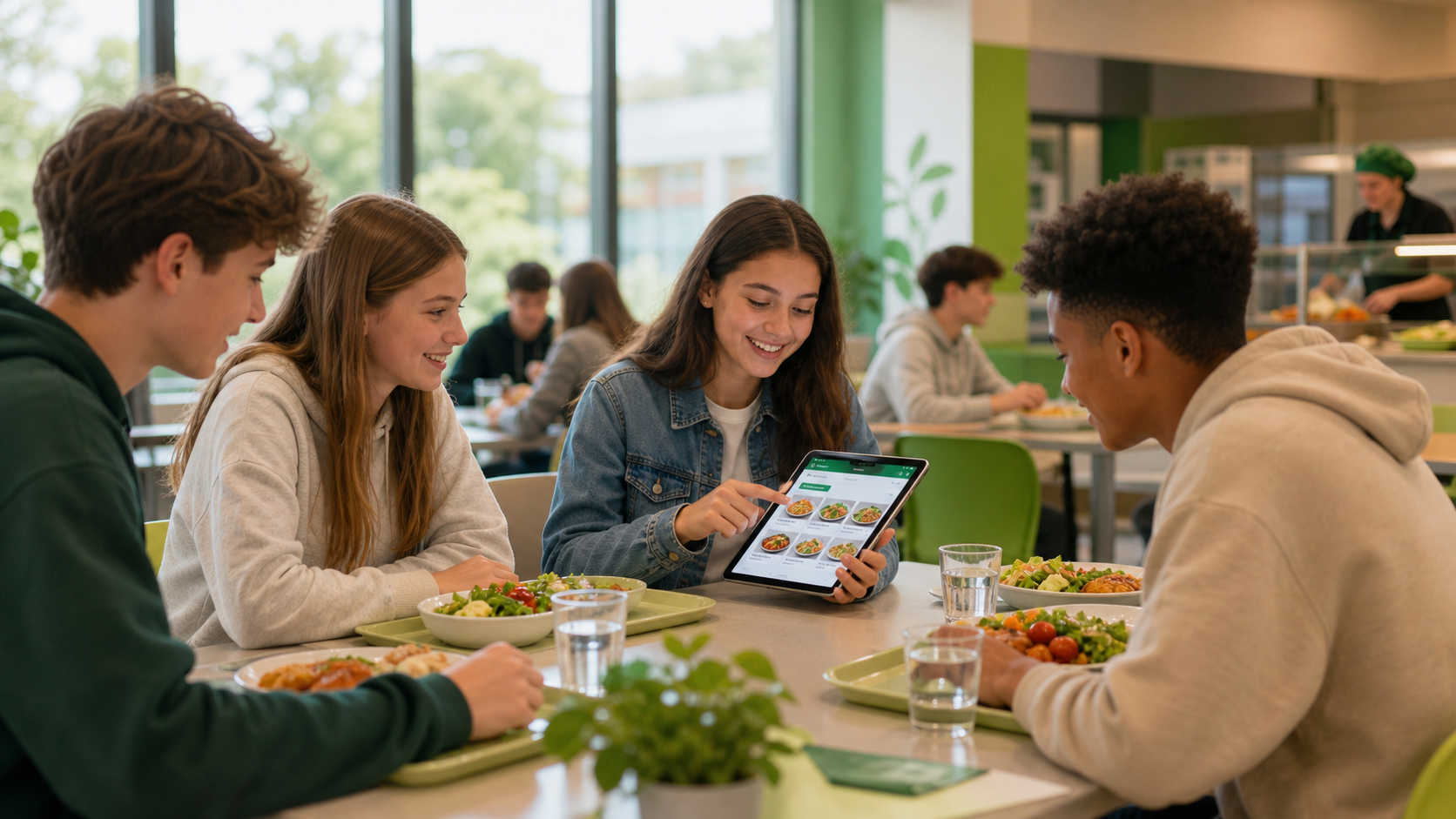 Schülerinnen und Schüler bestellen Essen in einer modernen Mensa